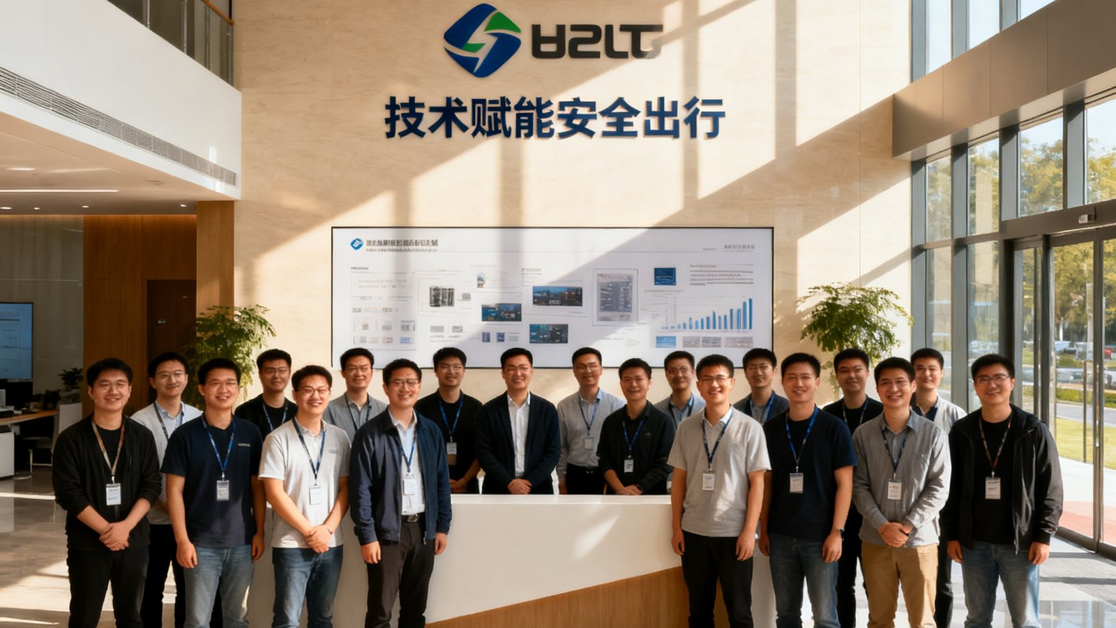球盟会·qmh北京总部团队合影，约四十名工程师和研发人员在公司前台大厅微笑站立，背景墙上展示着公司logo和'技术赋能安全出行'的使命标语，阳光透过落地窗洒入大厅