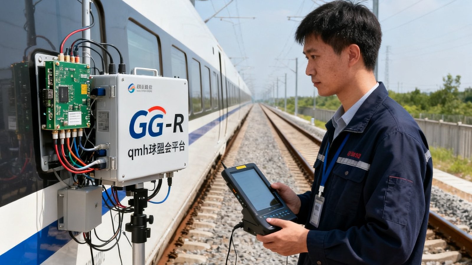 铁路5G-R通信模块与qmh球盟会平台集成测试现场照片，技术人员手持测试终端站在高铁列车旁，背景是广阔的铁路试验线