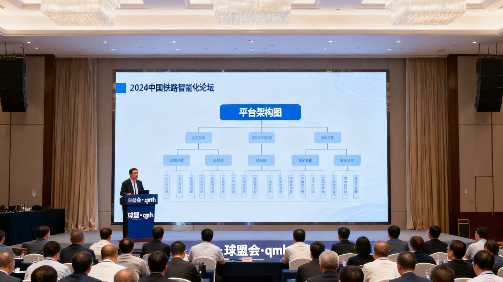 2024中国铁路智能化论坛主会场全景，数百名行业专家齐聚一堂，讲台上球盟会·qmh代表正在进行主题演讲，背景屏幕显示着平台架构图