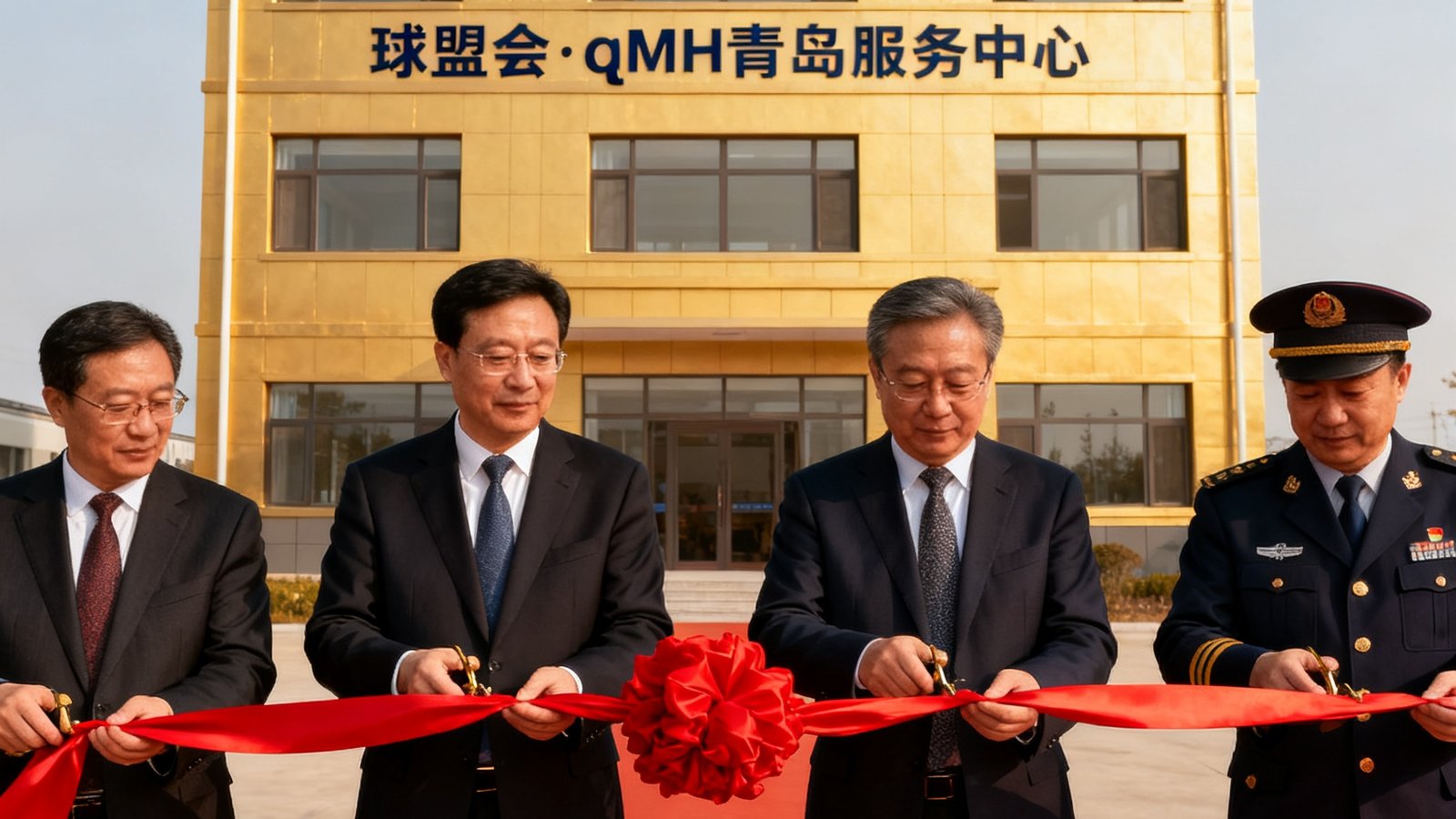 球盟会·qmh青岛服务中心开业仪式现场，红绸剪彩瞬间，公司高管与当地铁路部门领导共同见证，背景是崭新的三层办公楼