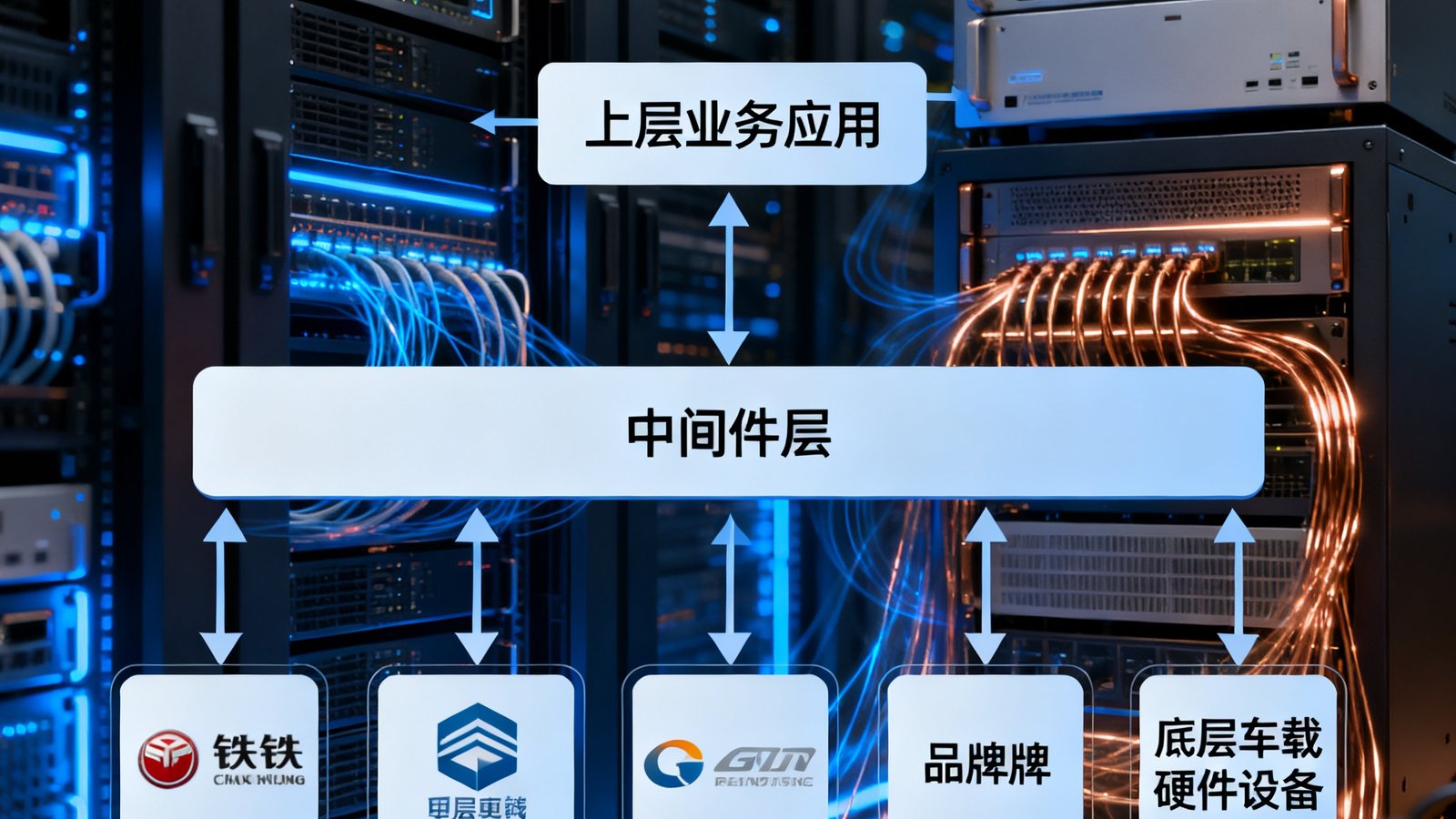 一个现代化的铁路IT平台架构示意图，展示中间件层如何连接上层业务应用与底层不同品牌的车载硬件设备，背景为数据中心机房，蓝色和铜色光效交织