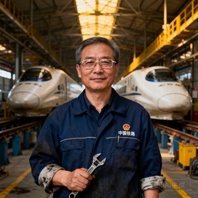 一位戴着眼镜的中年男性工程师正面肖像，身穿深蓝色铁路工作制服，背景为动车检修库，表情沉稳自信