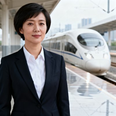 一位短发干练的女性运营经理肖像，身着白色衬衫和深色西装外套，站在高铁站台上，背景中一列白色动车组正缓缓驶入